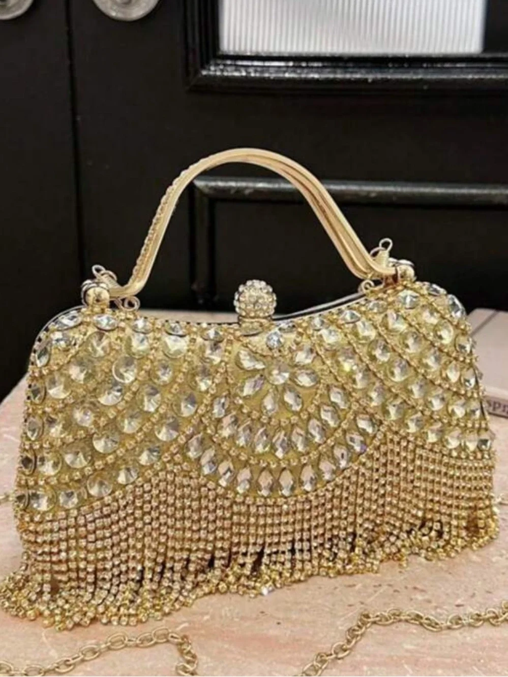 Gold Crystal Fringe Evening Clutch Handbag